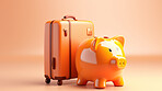 Piggy bank with luggage, for travel, holiday or vacation. Money saving budget concept