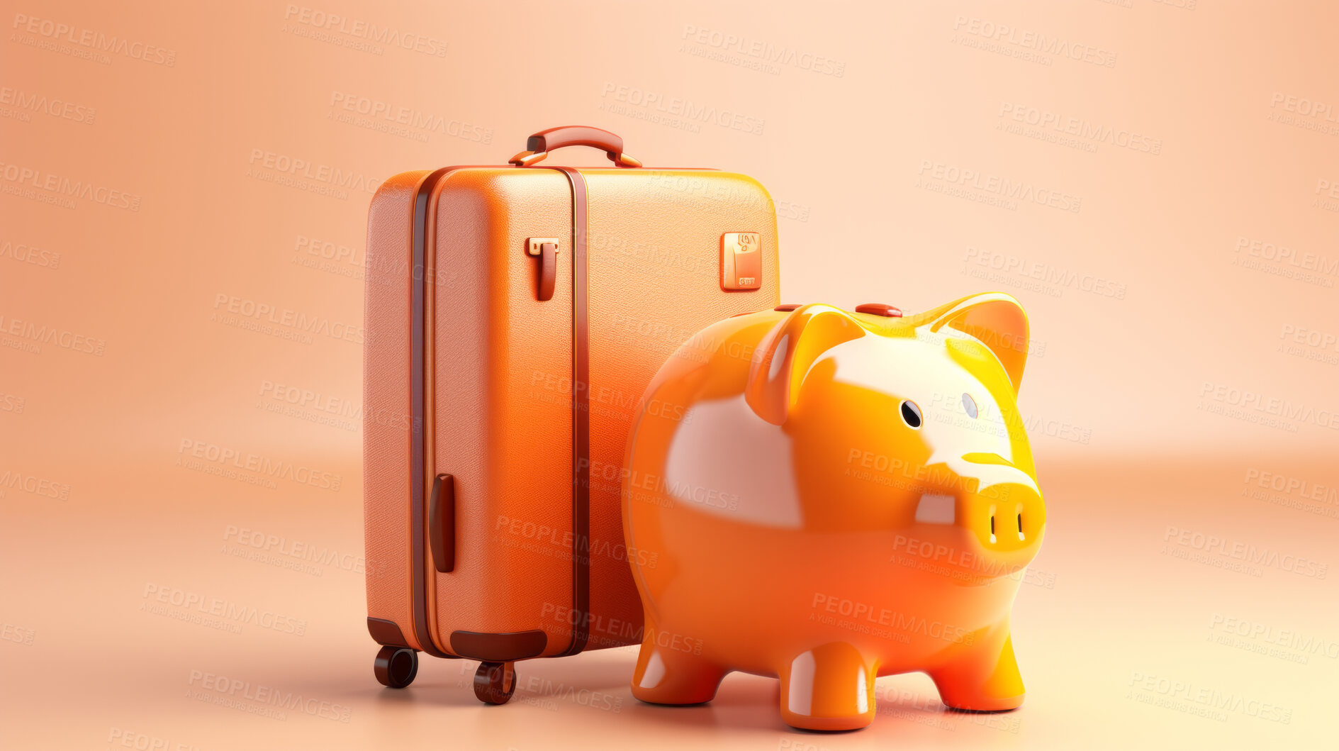 Buy stock photo Piggy bank with luggage, for travel, holiday or vacation. Money saving budget concept