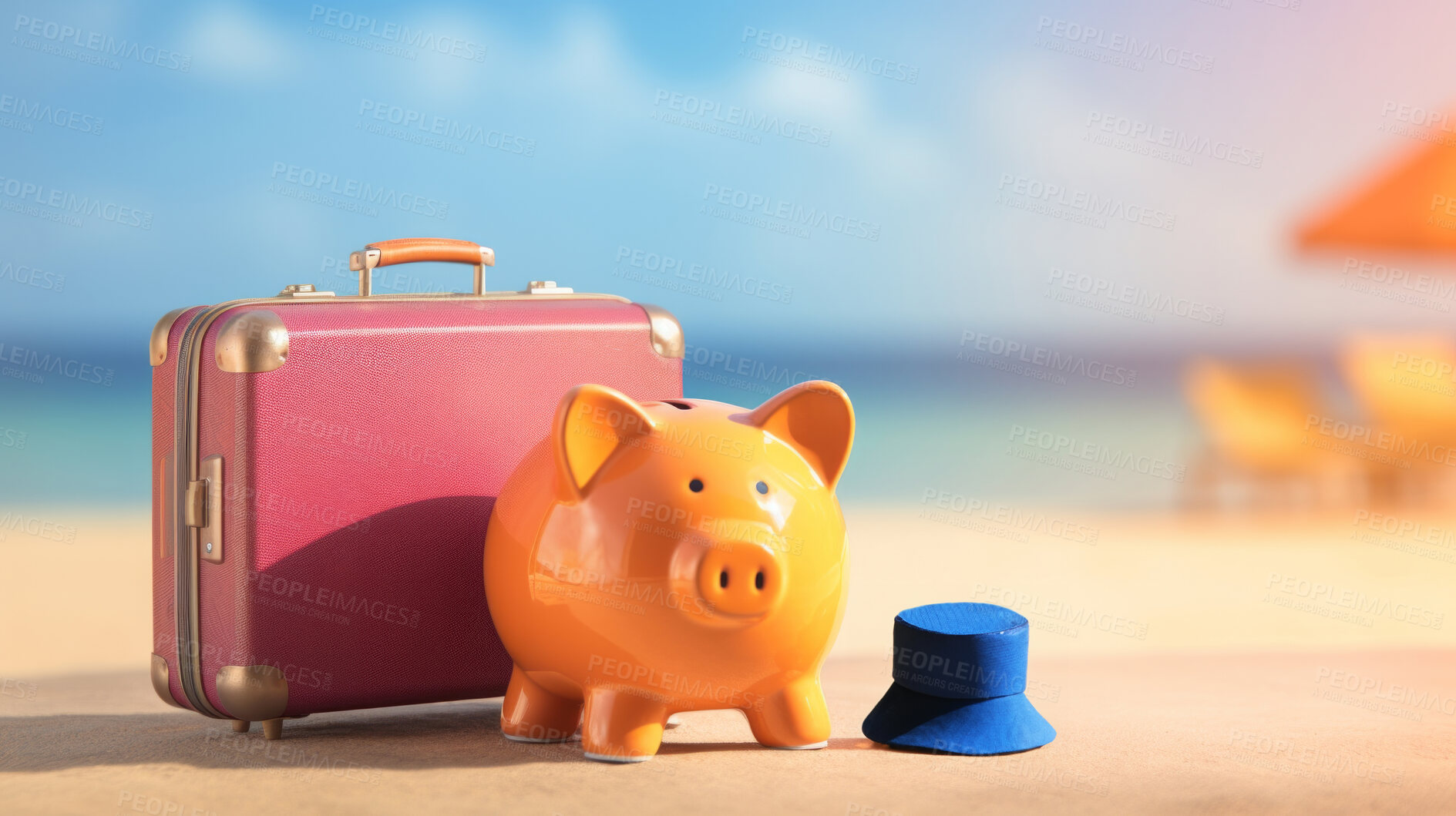 Buy stock photo Piggy bank with luggage, for travel, holiday or vacation. Money saving budget concept