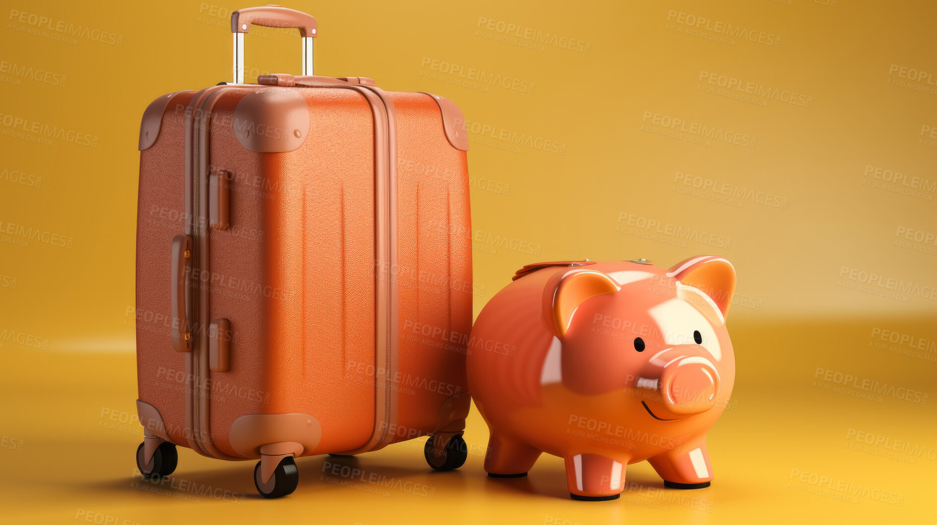 Buy stock photo Piggy bank with luggage, for travel, holiday or vacation. Money saving budget concept