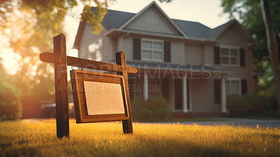 New home for sale sign. Beautiful surburban or residential home exterior