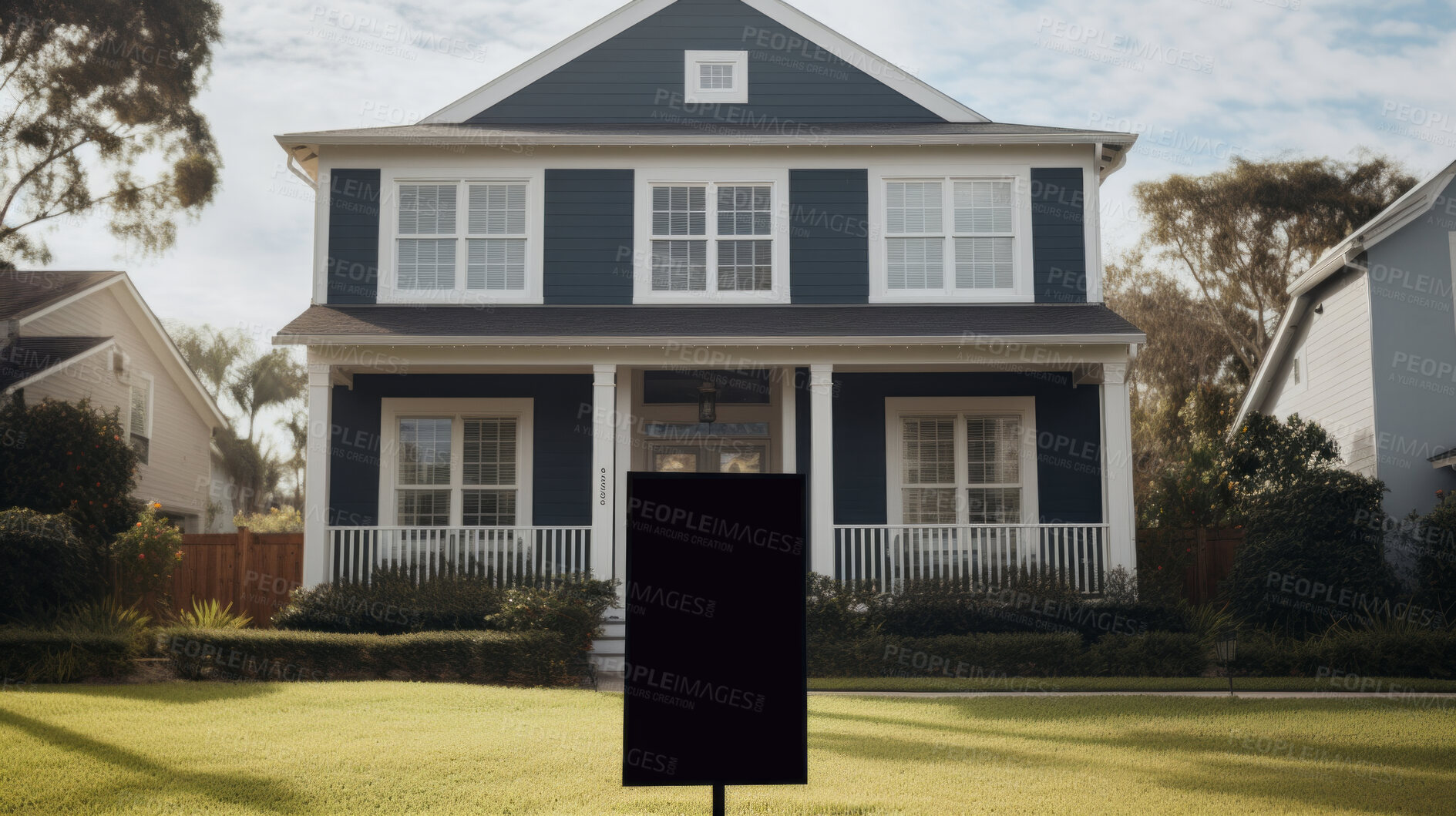 Buy stock photo New home for sale sign. Beautiful surburban or residential home exterior