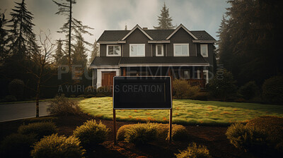 New home for sale sign. Beautiful surburban or residential home exterior