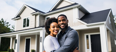 Couple, new home and outdoor embracing after buying or renting real estate property
