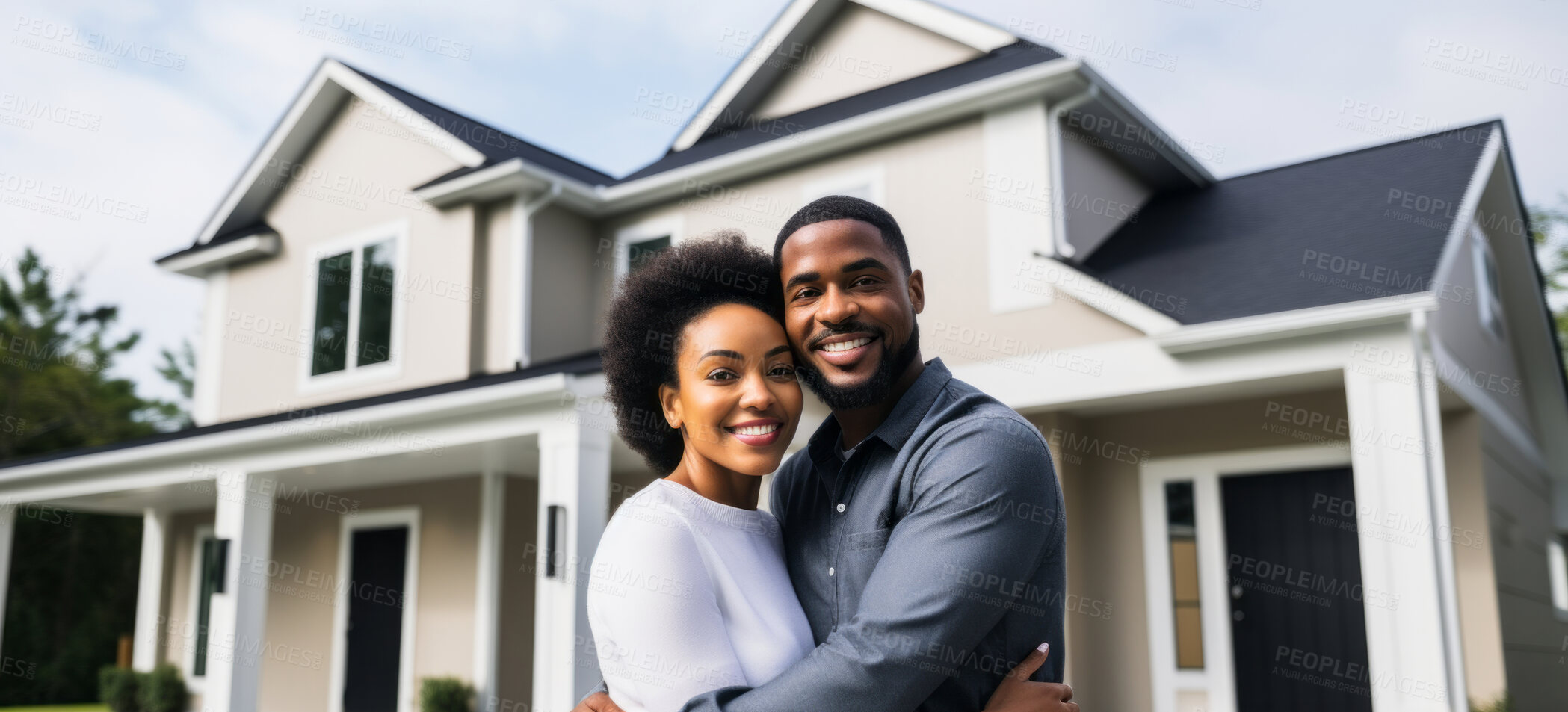 Buy stock photo Couple, new home and outdoor  embracing after buying or renting real estate property