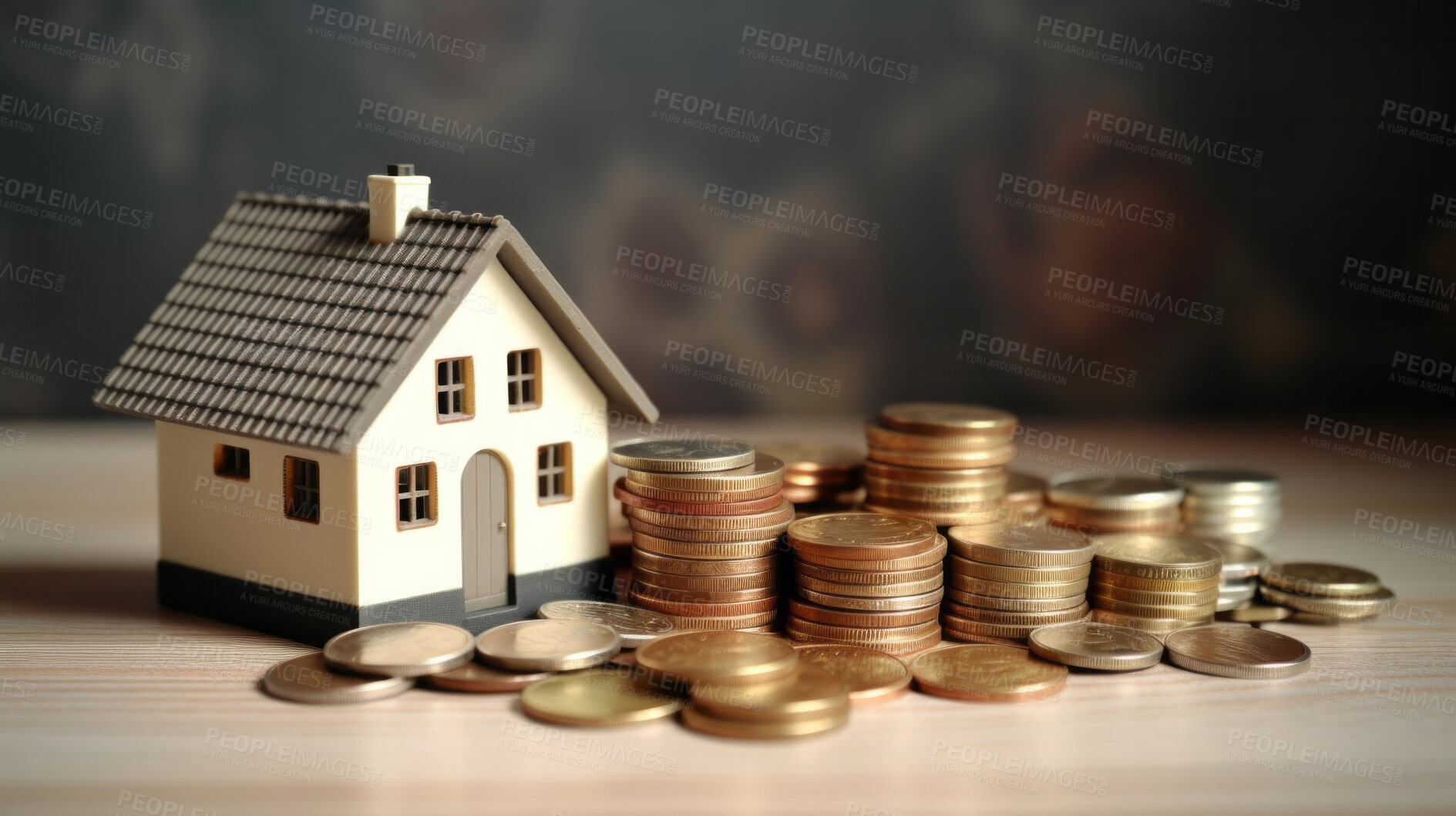 Buy stock photo House and coins for concept saving money for buying a house and mortgage