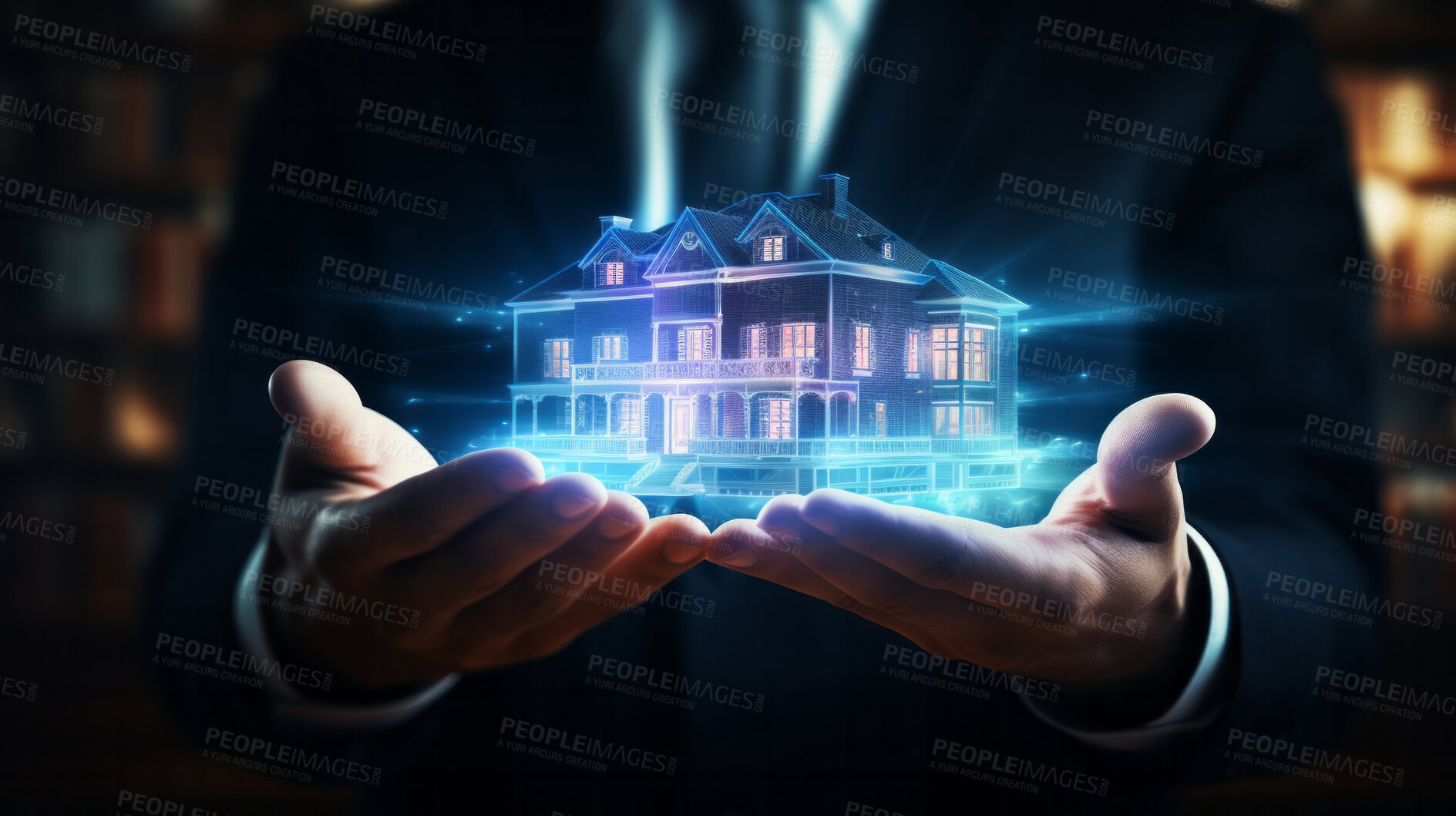 Buy stock photo House hologram concept. Home blueprint for engineers, architects and home owners