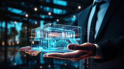 Buy stock photo House hologram concept. Home blueprint for engineers, architects and home owners