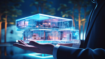 Buy stock photo House hologram concept. Home blueprint for engineers, architects and home owners