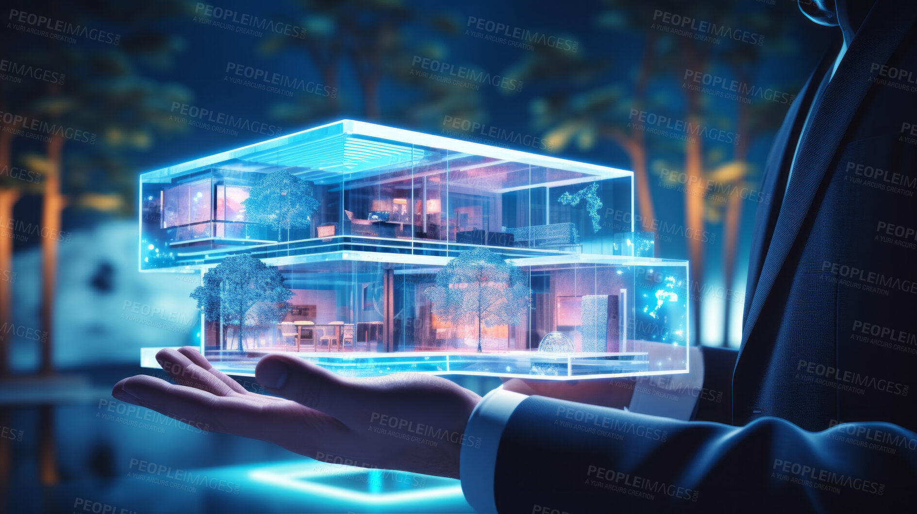 Buy stock photo House hologram concept. Home blueprint for engineers, architects and home owners