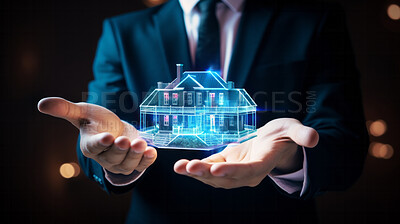 Buy stock photo House hologram concept. Home blueprint for engineers, architects and home owners