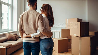 Couple, new home and indoor embracing after buying or renting real estate property