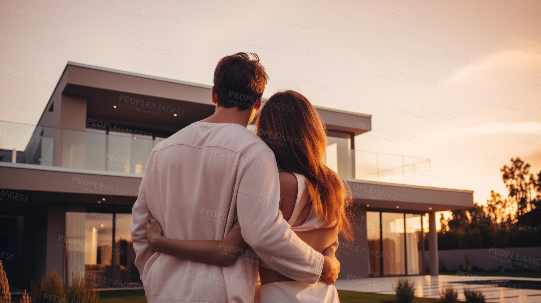 Buy stock photo Couple, new home and outdoor  embracing after buying or renting real estate property