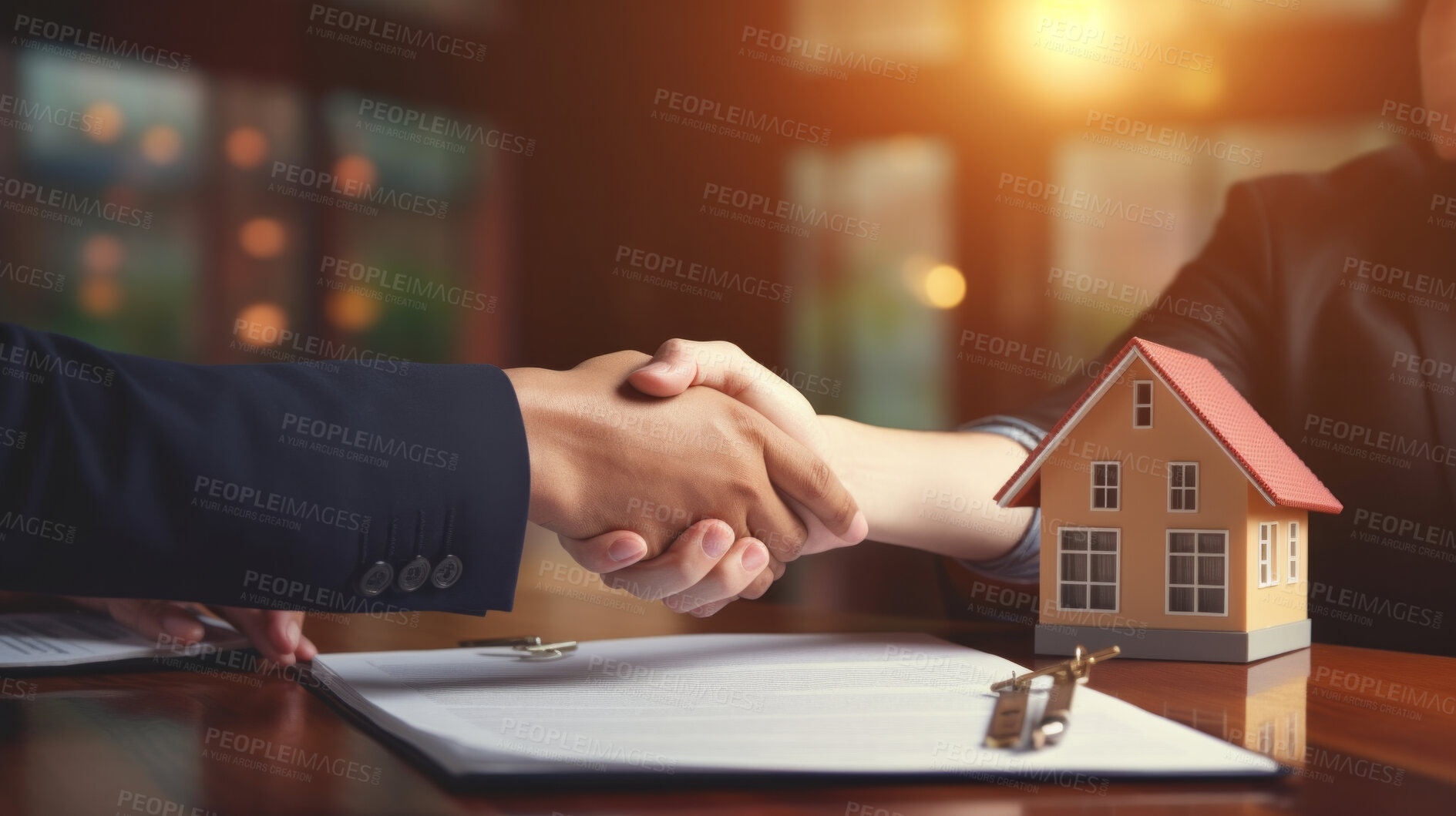 Buy stock photo Agent and client handshake agreement after buying or renting real estate property