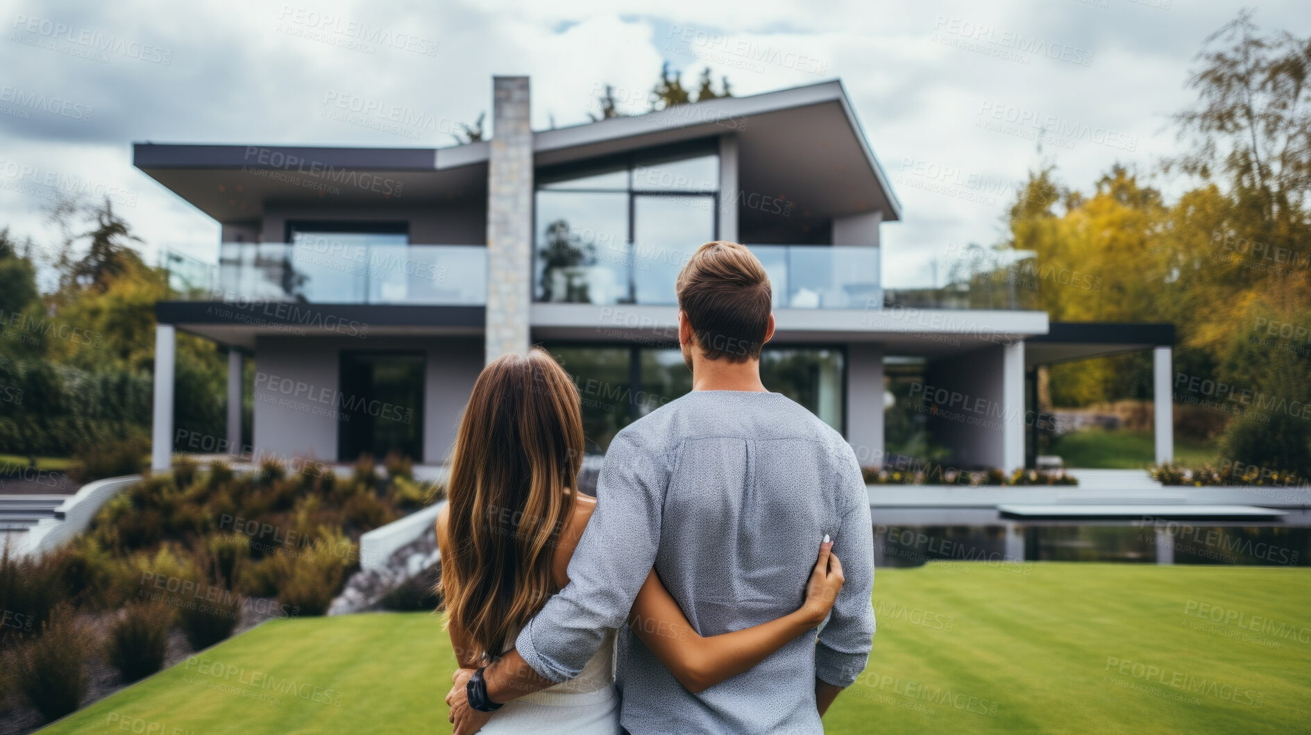 Buy stock photo Couple, new home and outdoor  embracing after buying or renting real estate property