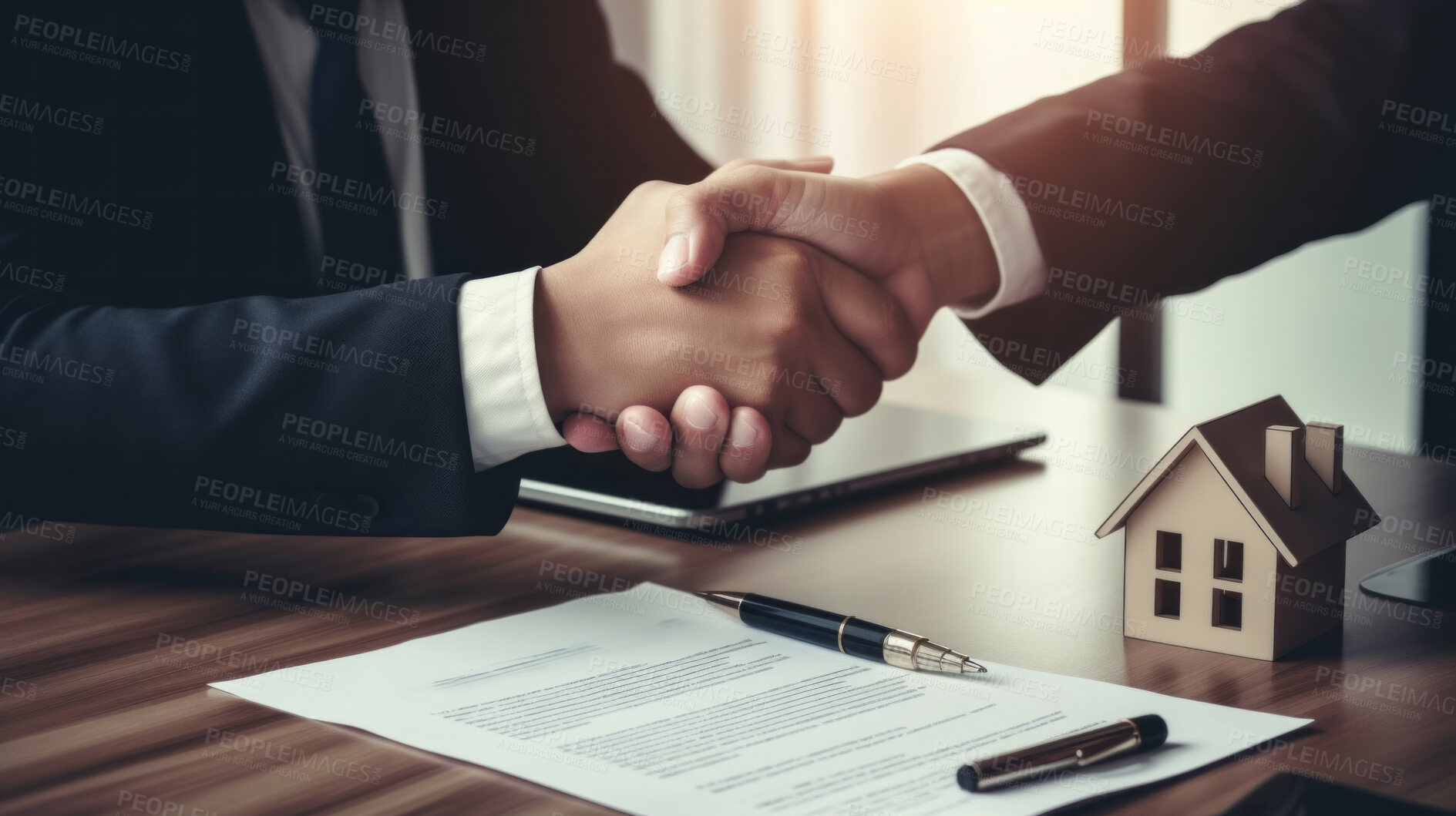 Buy stock photo Agent and client handshake agreement after buying or renting real estate property