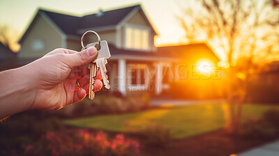 Hand holding keys to new home. Buying real estate, housing, apartments.