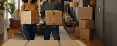 Couple, new home and moving in together with boxes investment or relocation.