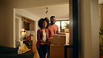 Couple, new home and moving in together with boxes investment or relocation.