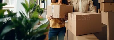 Couple, new home and moving in together with boxes investment or relocation.