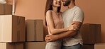 Couple, new home and moving in together with boxes investment or relocation.