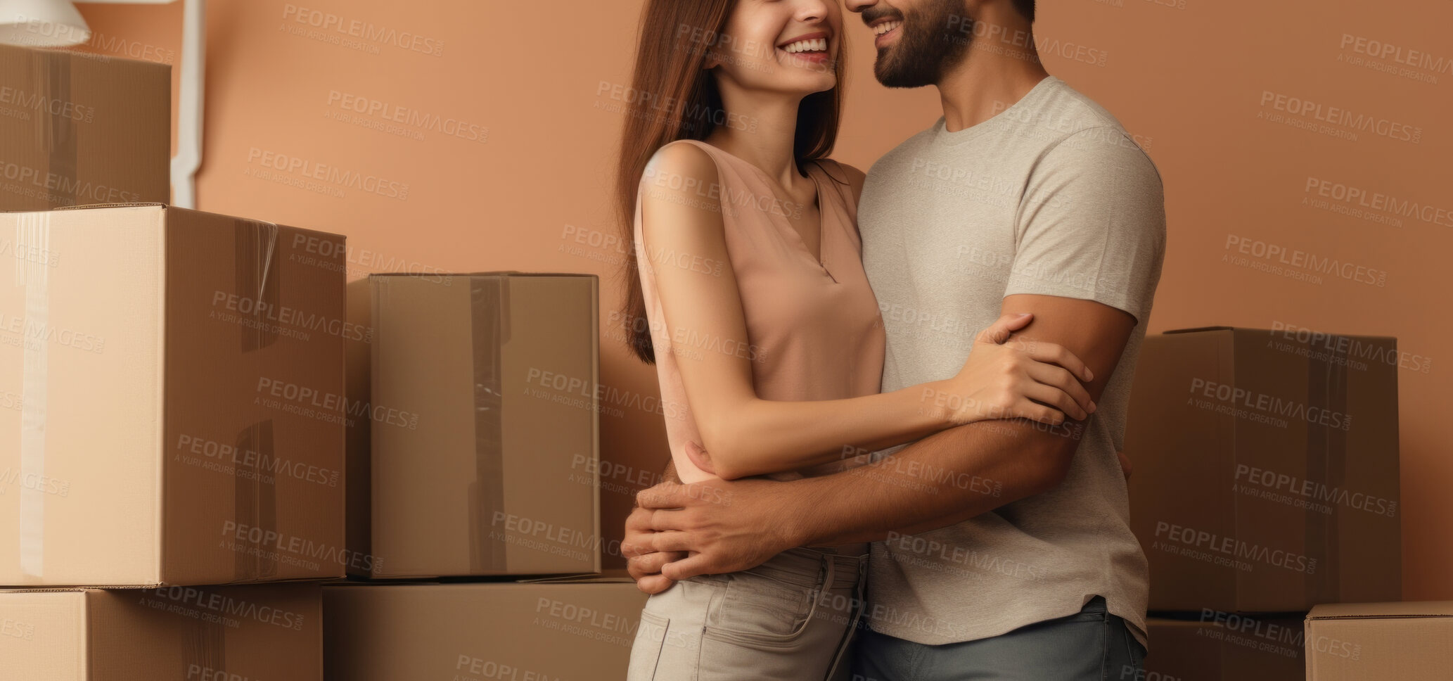 Buy stock photo Couple, new home and moving in together with boxes investment or relocation.