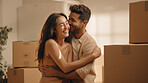 Couple, new home and moving in together with boxes investment or relocation.