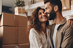 Couple, new home and moving in together with boxes investment or relocation.