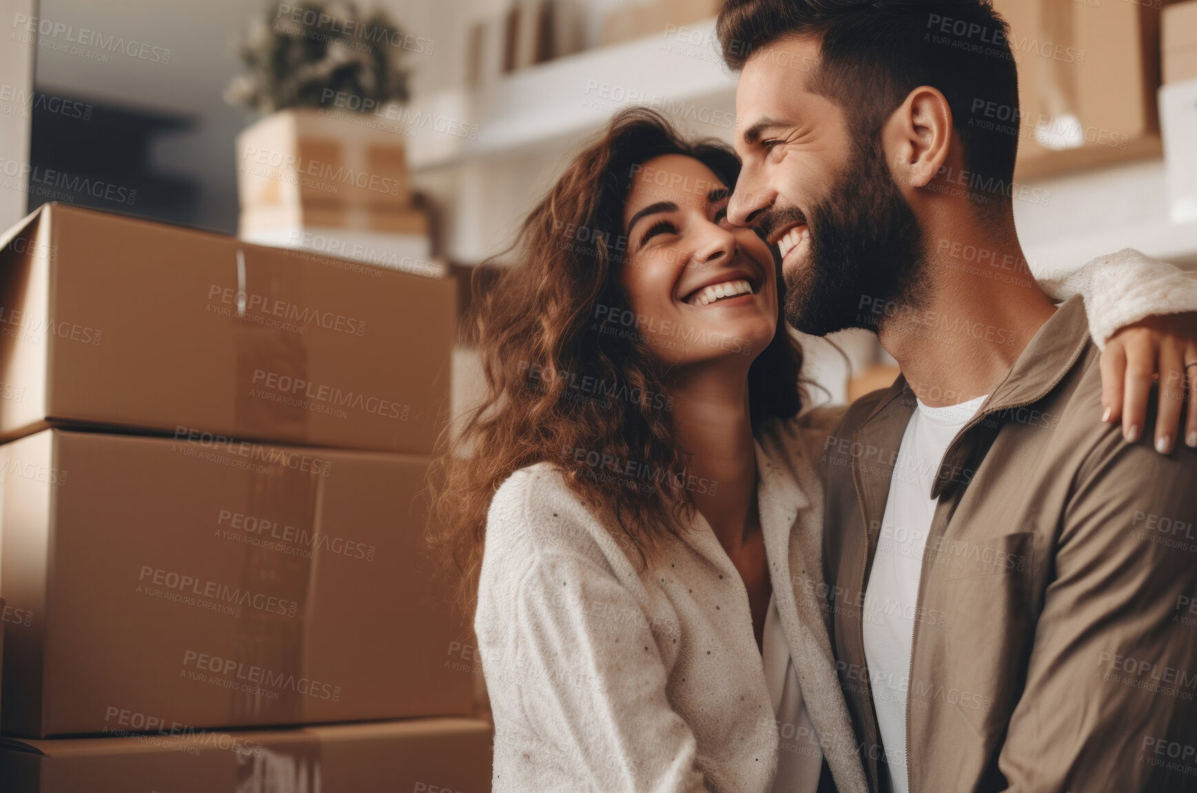 Buy stock photo Couple, new home and moving in together with boxes investment or relocation.