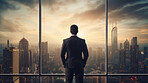 Silhouette of a businessman or executive looking at a cityscape from his office or home window