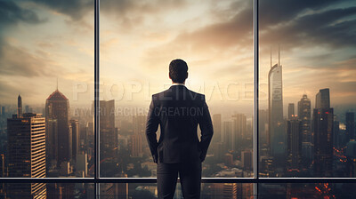 Silhouette of a businessman or executive looking at a cityscape from his office or home window