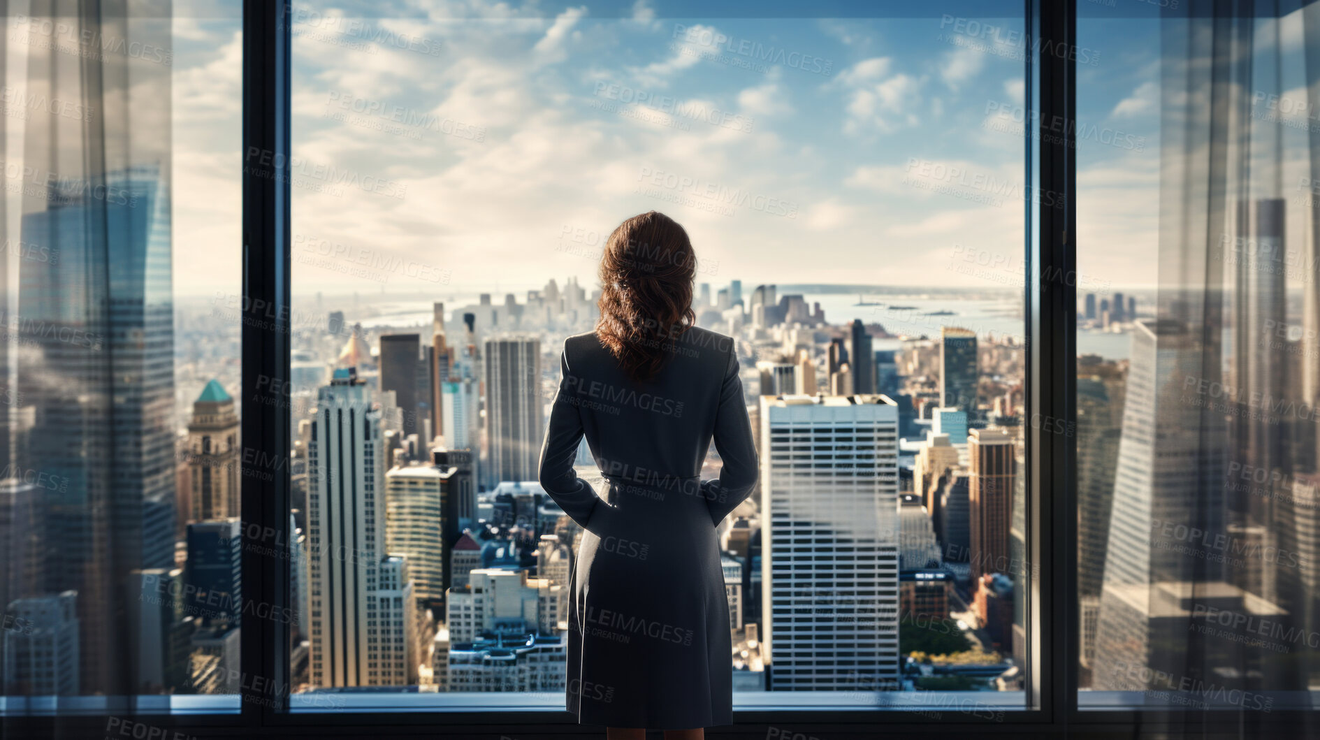 Buy stock photo Silhouette of a businesswoman or executive looking at cityscape from office window