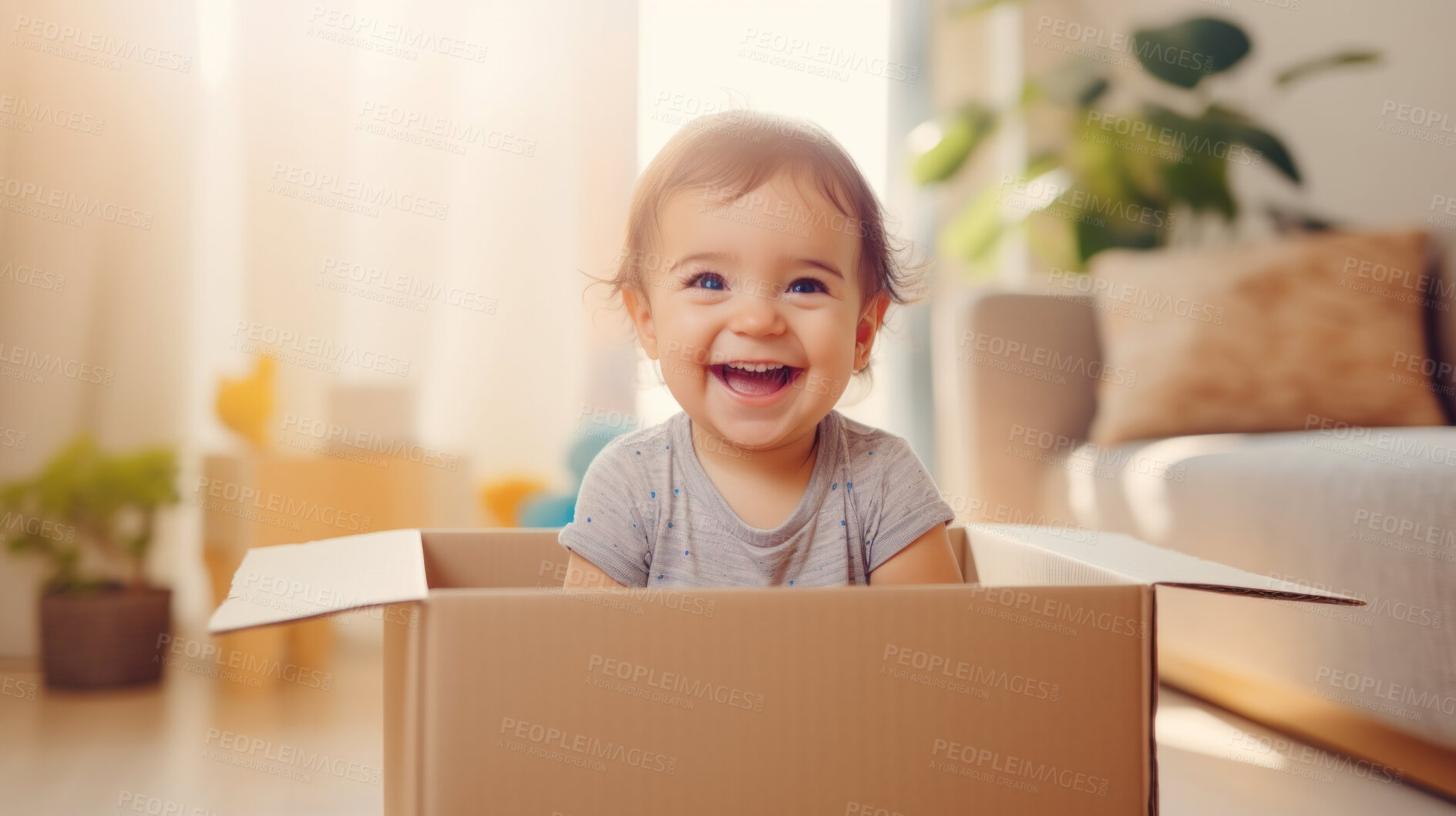 Buy stock photo Toddler baby inside a box. Moving in concept. New home or relocation, investment