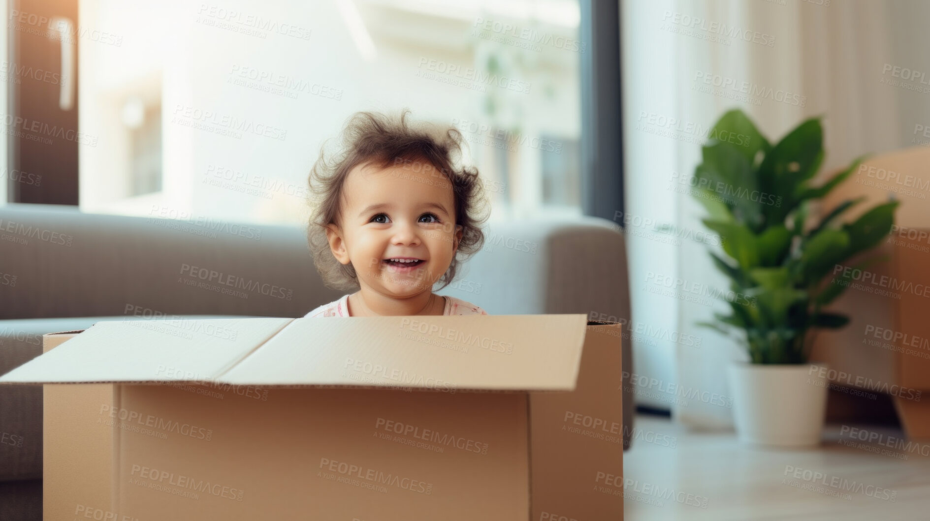 Buy stock photo Toddler baby inside a box. Moving in concept. New home or relocation, investment