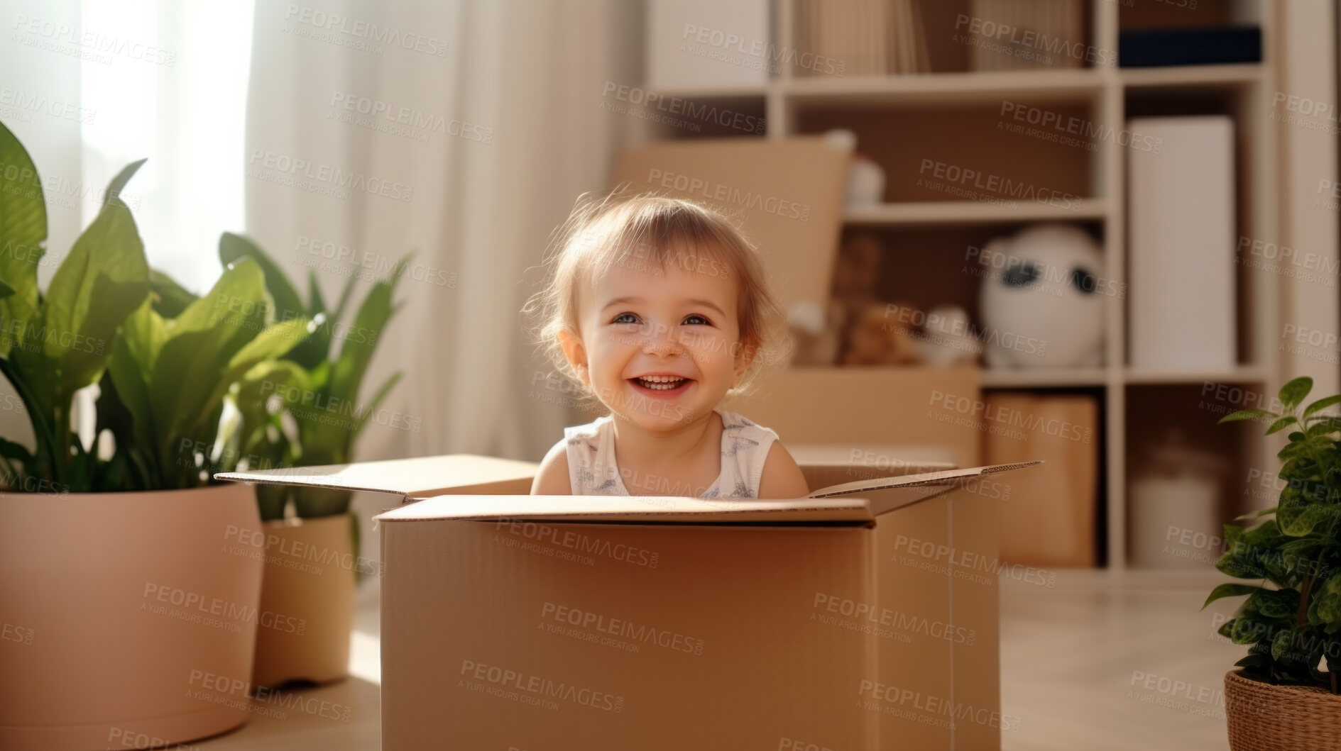 Buy stock photo Toddler baby inside a box. Moving in concept. New home or relocation, investment