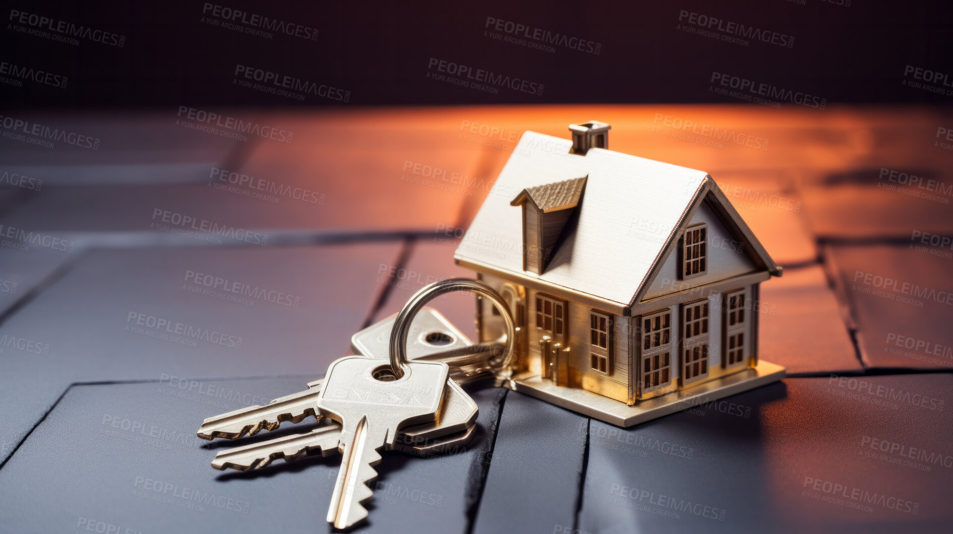 Buy stock photo Key with a house shape keychain. Real estate, home owner or home loan concept