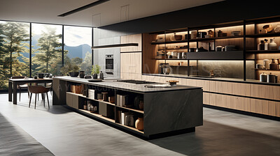 Industrial style kitchen. Luxury living. Modern interior design concept.