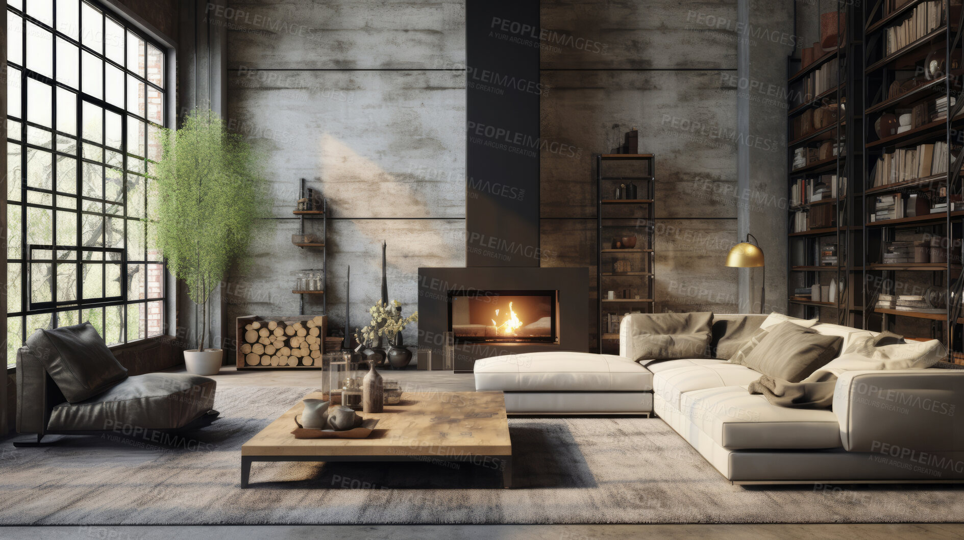 Buy stock photo Industrial style living room. Luxury living. Modern interior design concept.