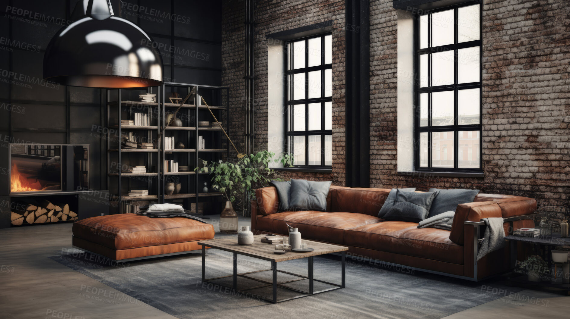 Buy stock photo Industrial style living room. Luxury living. Modern interior design concept.