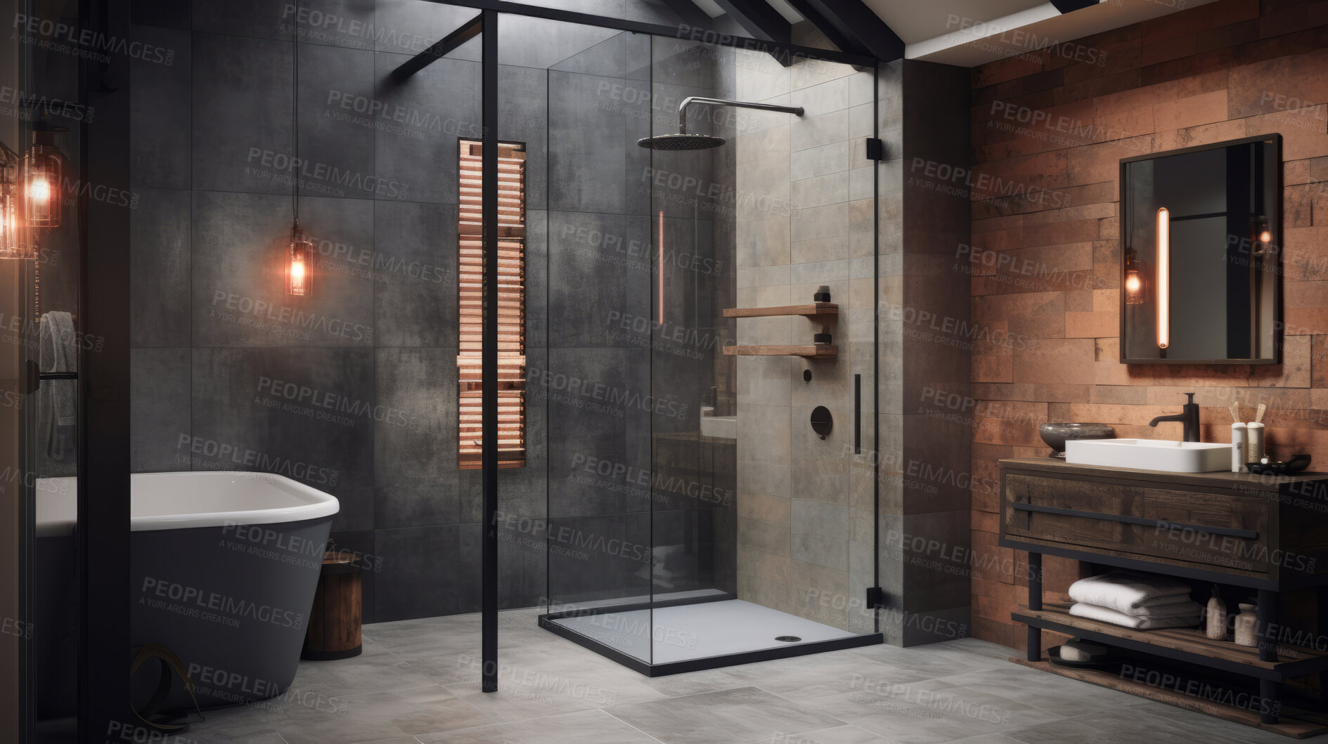 Buy stock photo Industrial style shower or bathroom. Luxury living. Modern interior design concept.
