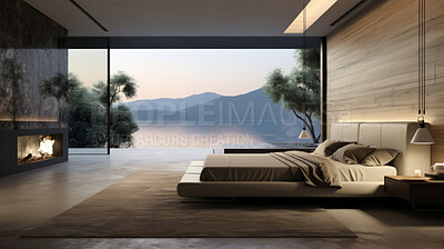 Modern bedroom. Luxury living. Beautiful views. Modern interior design concept.