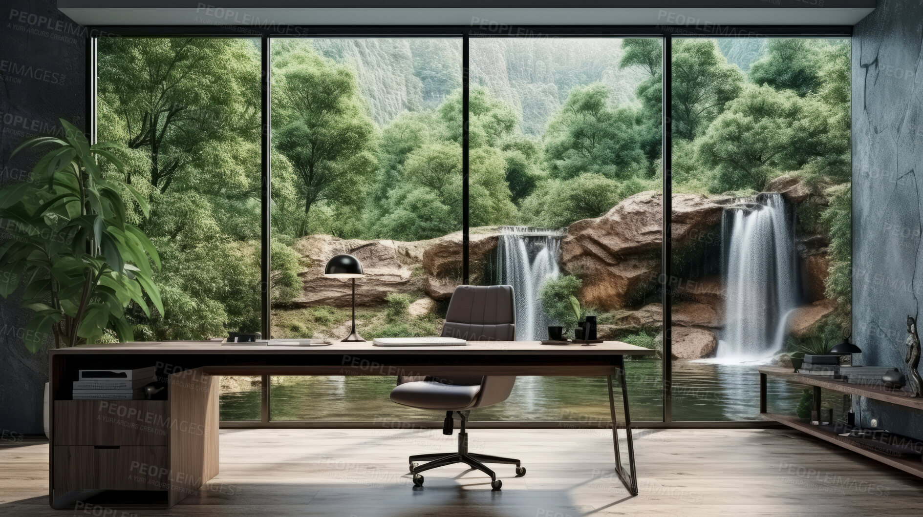 Buy stock photo Modern home office. Luxury living. Beautiful views. Modern interior design concept.