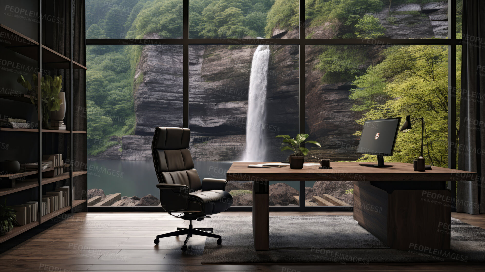 Buy stock photo Modern home office. Luxury living. Beautiful views. Modern interior design concept.