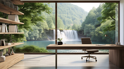 Buy stock photo Modern home office. Luxury living. Beautiful views. Modern interior design concept.