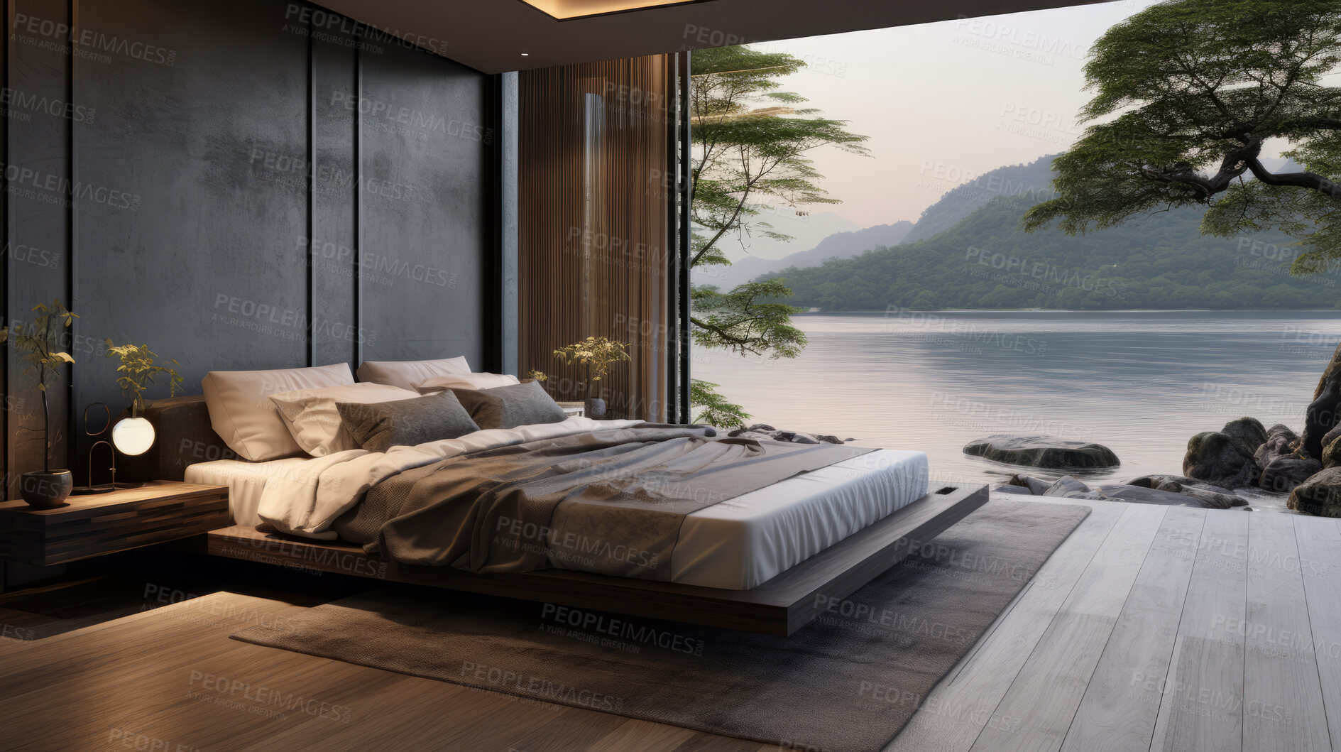 Buy stock photo Modern bedroom. Luxury living. Beautiful views. Modern interior design concept.