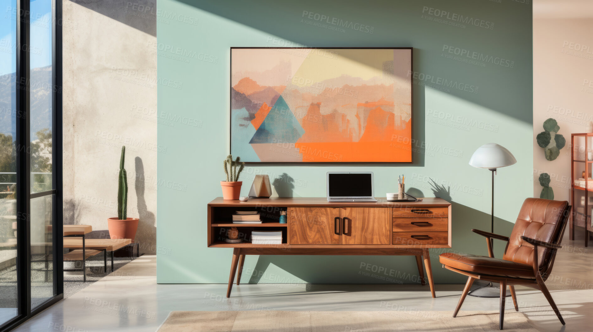 Buy stock photo Contemporary style home office. Vivid colours. Modern interior design concept.