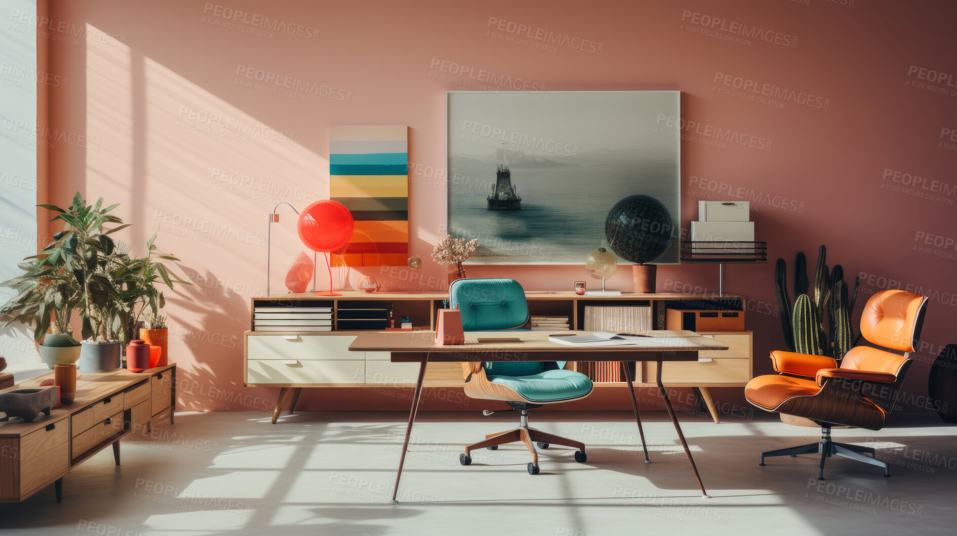 Buy stock photo Contemporary style home office. Vivid colours. Modern interior design concept.