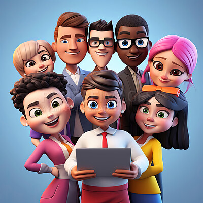 Studio portrait of 3d cartoon characters. Happy cgi people on clear background.