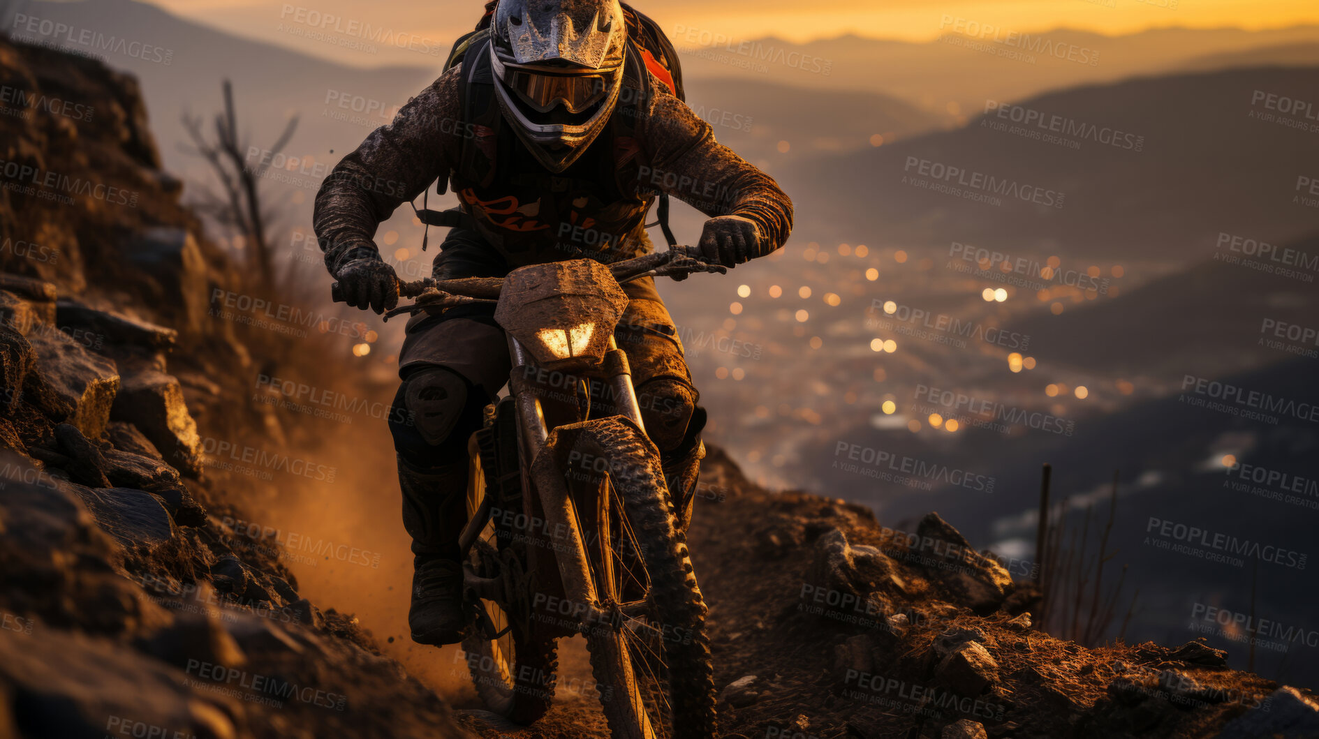 Buy stock photo Action shot of motor cross motorcyclist speeding on dirt road. Extreme sport concept.