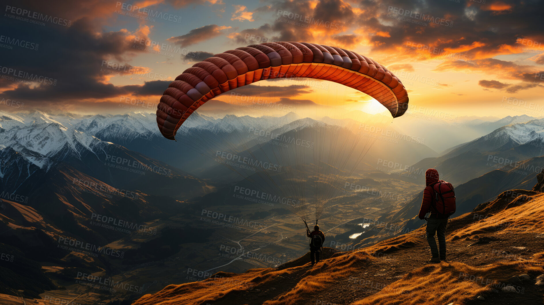 Buy stock photo Wide shot of paraglider against beautiful sunset views. Extreme sport concept.